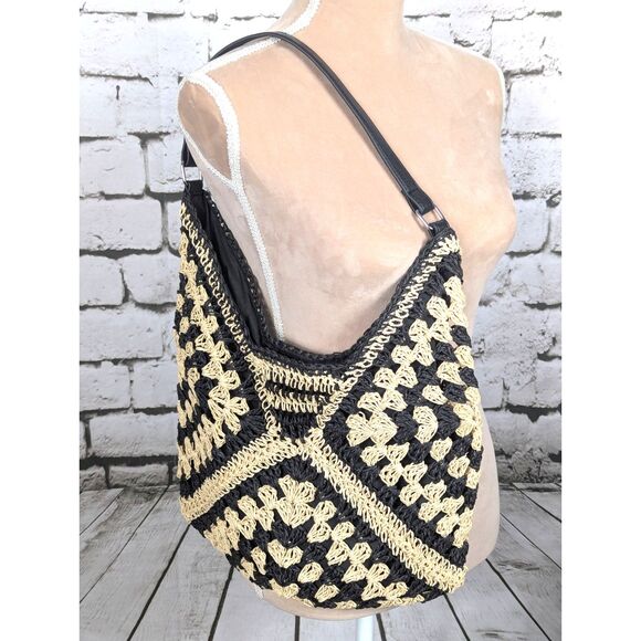 Vintage Paper Straw Crochet Bag Boho Festival Hippie Beachy Cottage 15"x 10" - Picture 3 of 4